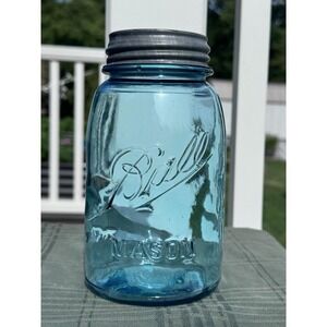 Antique Ball Mason Aqua Glass Quart Jar Zinc Porcelain Lid 1910-1923  (#101)